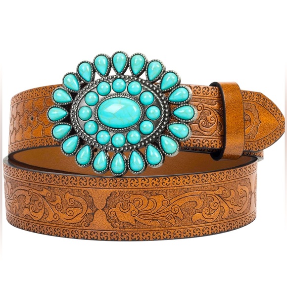 Accessories - COPY - Women Turquoise-Western-Belt Floral-Engraved-Cowgirl-Belt PU-Leather Wai…